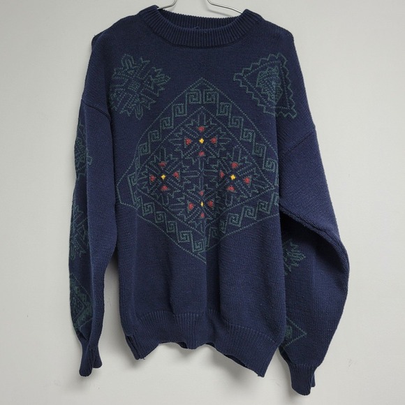 Nautica Mens Large Sweater Navy Winter Tribal Vintage Cotton Snowflake Hong Kong - Picture 1 of 10